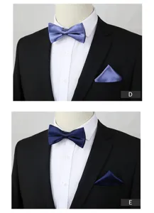 Detailopnames van heren satin vlinderdas en pochet set in blauwe en marine kleur.
