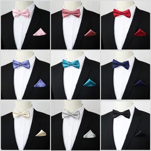 Mannen Zakelijk Formeel Strikje En Pochet Set Effen Kleur Satijn Bruiloft Feest Pak Accessoires