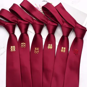 Men's Wedding Burgundy Polyester Silk Necktie Handmade Neck Tie With Double Happiness Accent For Groom Groomsman Formal
