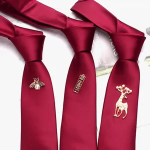Wine red men's necktie set with elegant gold metal bee and deer brooches for wedding groom.