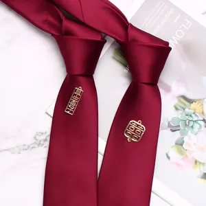 Wine red wedding necktie for men, 7cm width, featuring elegant gold Double Happiness metal charms.