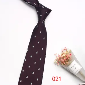 Men's business formal tie with cute penguin print, stylish dark burgundy silk necktie.