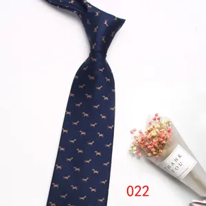 Detailed view of dark blue mens tie featuring cute small dog pattern, classic business accessory.