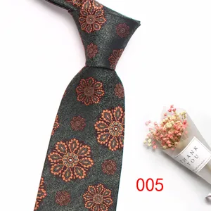 Men's business retro jacquard necktie, 8cm dark green polyester tie with orange floral pattern.