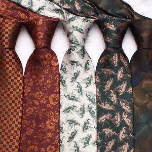Detailed view of men's business casual ties featuring assorted floral and check patterns.