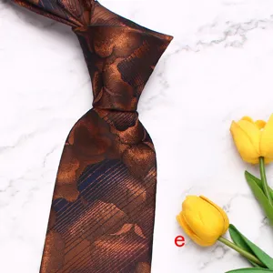 Men's business formal polyester silk tie with elegant floral jacquard pattern in brown.