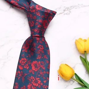 Men's 8cm blue red floral tie business wedding formal polyester silk necktie for gentlemen