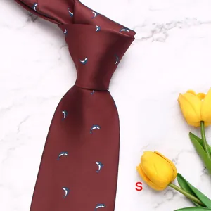 Burgundy silk tie for men, detailed view with cute dolphin pattern and elegant business style.