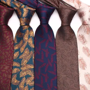 Close-up detail of stylish men's jacquard feather pattern ties in assorted elegant colors.