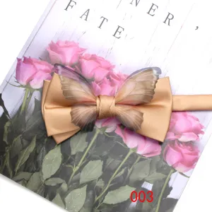 Elegant champagne gold bow tie with sheer butterfly wings for parties and banquet.
