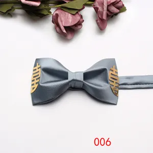 Grey silk wedding bow tie with gold double happiness symbol for groom and formal suits.