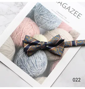 Detailed close-up view of a classic paisley patterned and striped bow tie in a fine scene.