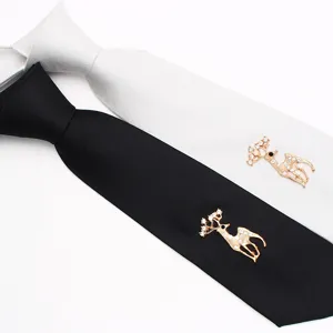 Casual Fashion Solid Color Polyester Necktie With Rhinestone Fawn Brooch Business Party Men Women Suit Tie