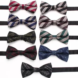 Assorted men's striped and textured bow ties detail view, perfect for wedding and formal business suits.