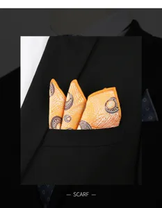 Primer plano detalle de un pañuelo de bolsillo de poliéster naranja en traje negro.