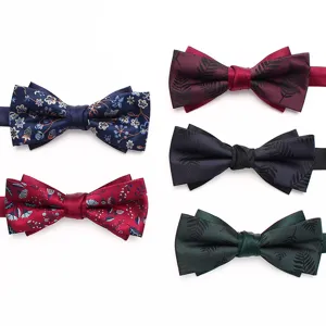 Men double layer bowtie set featuring assorted floral leaf patterns for formal wedding wear.