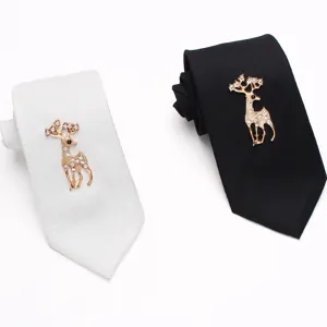 Elegant black and white neckties featuring sparkling rhinestone deer brooches for stylish looks.
