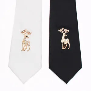 Detailed view of classic silk necktie featuring elegant crystal deer brooch accent.