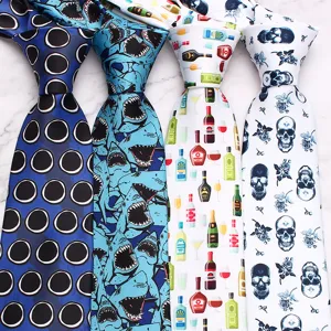 Detailed view of four mens novelty printed neckties featuring circle shark bottle skull designs