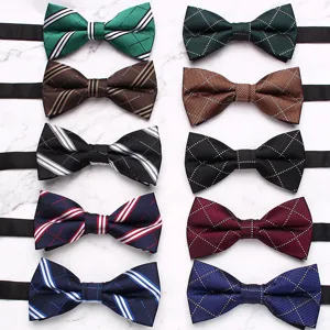 Mens classic british style bow tie collection with striped and checkered patterns for suits.