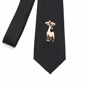 Black silk necktie featuring a stylish gold-tone deer rhinestone brooch for men and formal wear.