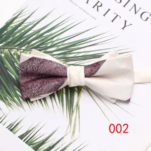 Men's double layer bow tie featuring cream fabric and burgundy herringbone pattern.