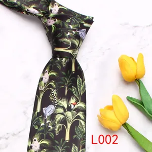 Men's black tropical jungle print necktie with elegant floral and animal patterns for business.