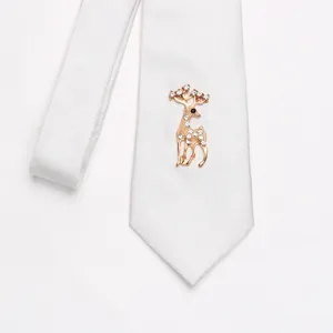 White silk tie with rhinestone deer brooch detail, elegant formal business accessory for men and women.