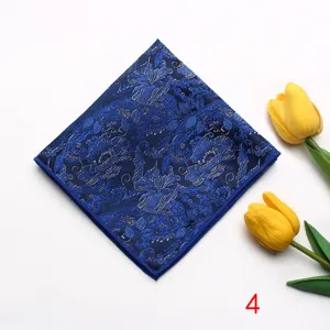 Blue floral pocket square for men suit, elegant silk feel handkerchief for wedding.