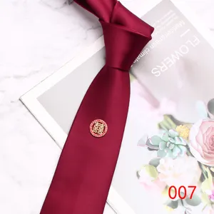 Burgundy wedding men tie with double happiness pin, 7cm wide polyester fabric necktie for grooms.