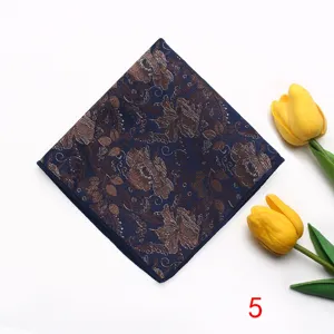 Men's navy blue pocket square with vintage brown floral paisley pattern for suit business wear.