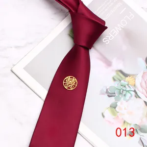 Wine red men wedding tie 7cm polyester silk groom necktie with golden double happiness symbol.