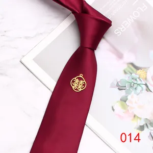 Burgundy wedding necktie detail, 7cm silk-like fabric with lucky double happiness charm.