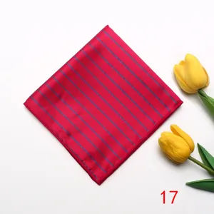 Men's red pocket square with blue stripes, formal business suit handkerchief accessory.