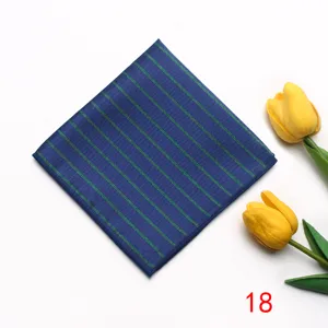 Men's blue pocket square with green stripes, elegant suit accessory for business and weddings.