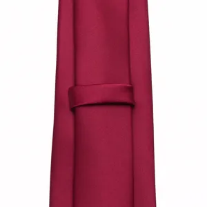 Close-up detail of a classic solid wine red men's necktie featuring neat fabric texture.