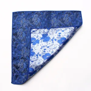 Detailed view of a luxury blue floral pocket square, elegant suit accessory for men.
