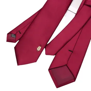 Burgundy men's wedding necktie with gold double happiness symbol, 7cm wide polyester tie.
