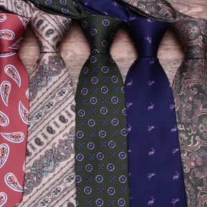 Detailed view of mens fashion neckties with paisley and floral patterns for business.