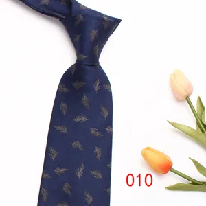 Blue business tie with elegant leaf pattern, high-quality polyester silk for men's formal wear.