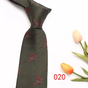 Olive green mens tie with elegant pheasant embroidery classic business necktie detail shot