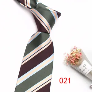 Men's striped business necktie detail view, vintage silk-like fabric with classic multi-color design.