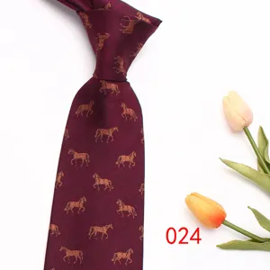 Burgundy mens necktie detail, classic woven horse pattern and jacquard stripe design.