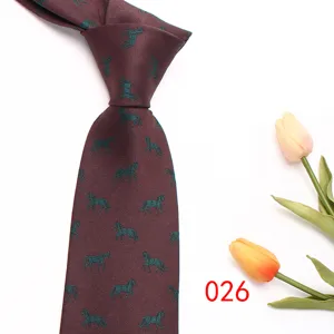 Burgundy mens business tie with green horse pattern, elegant herringbone polyester necktie.