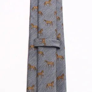 Grey herringbone necktie for men with elegant gold horse pattern business formal accessory
