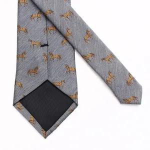 Men's grey herringbone tie with gold horse pattern classic business necktie for wedding