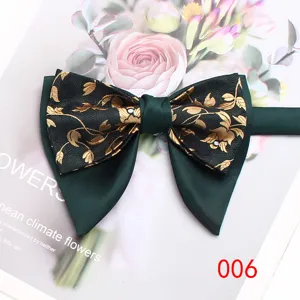 Dark green double layer bow tie with gold floral pattern, perfect for business and retro style.