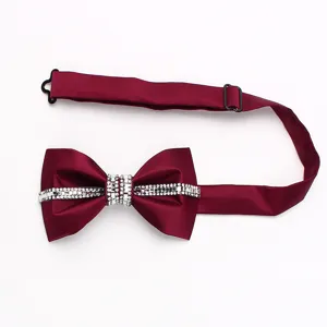 Papillon bordeaux con strass da uomo, elegante fiocco da sposo in cristallo con cinturino regolabile.