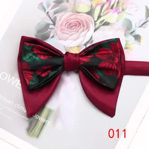 Mens vintage double layer bow tie burgundy floral pattern suit accessory for banquet wedding.