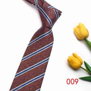 Detailed view of brown textured striped tie with blue and white diagonal lines, close-up.